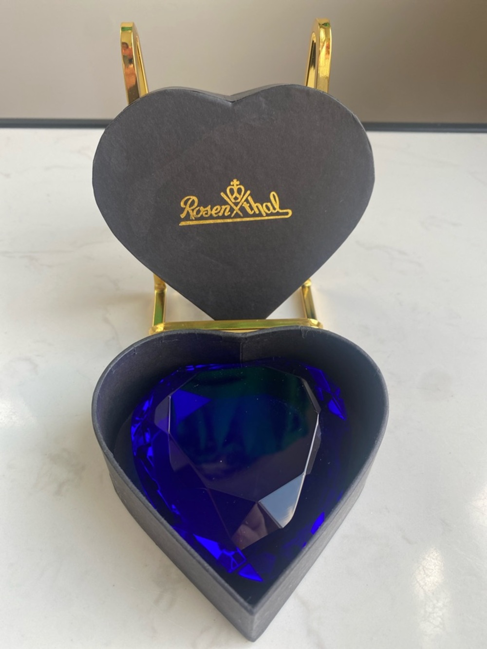 Rosenthal Cobalt Blue Crystal Heart Paperweight Signed 3” in original box